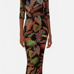Cool Foliage Jersey Half Sleeve Midi Dress In Black/Multi